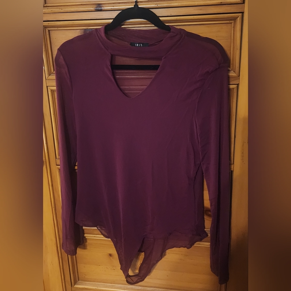 IRIS Women's Deep Burgundy SHEER Long Sleeve BODYSUIT